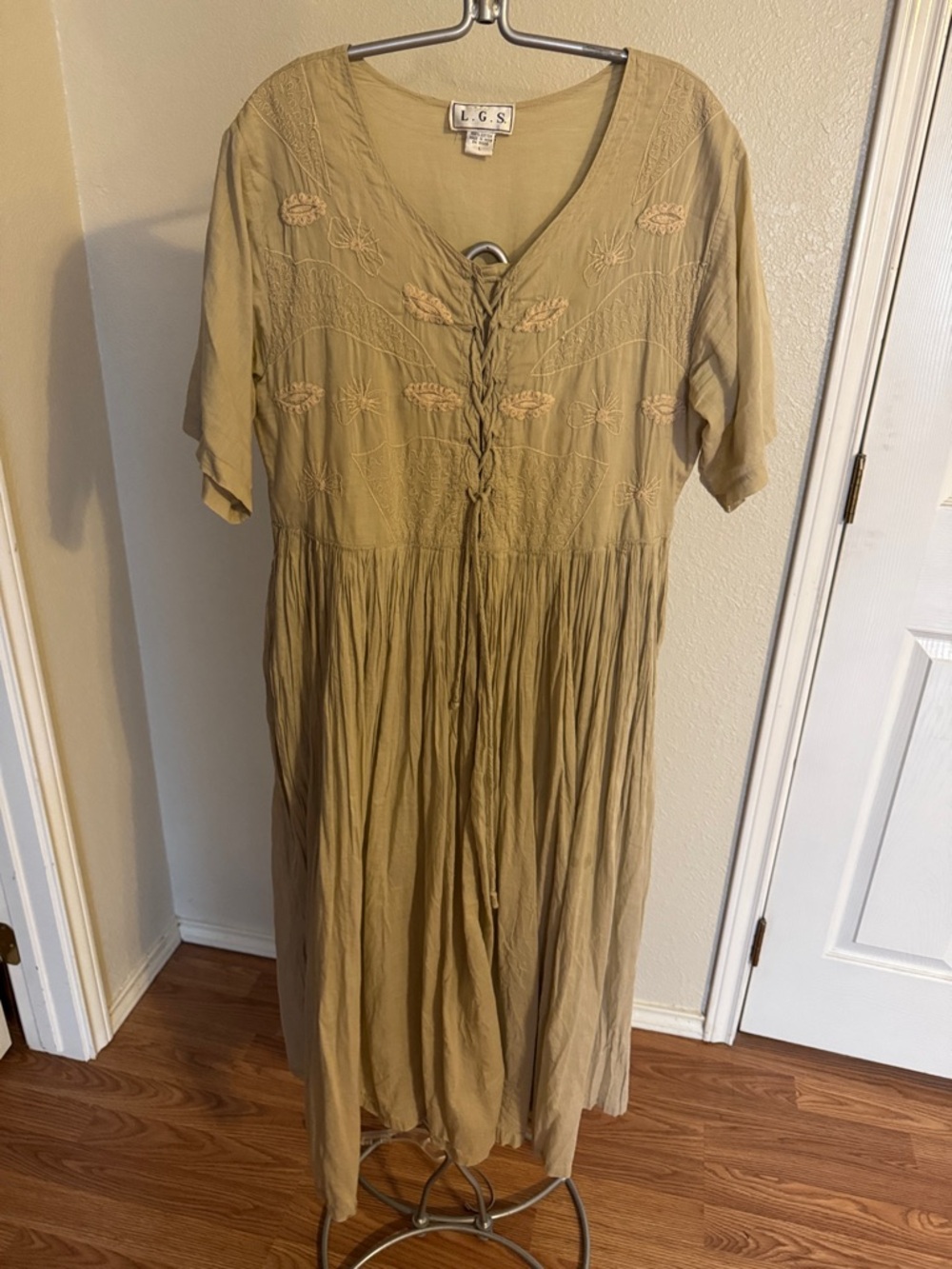 L.G.S. Olive Embroidered V-Neck Midi Dress